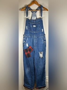 Levis Denim Jean Overalls Sz L Two Horse Brand Distressed Buffalo Plaid Patch